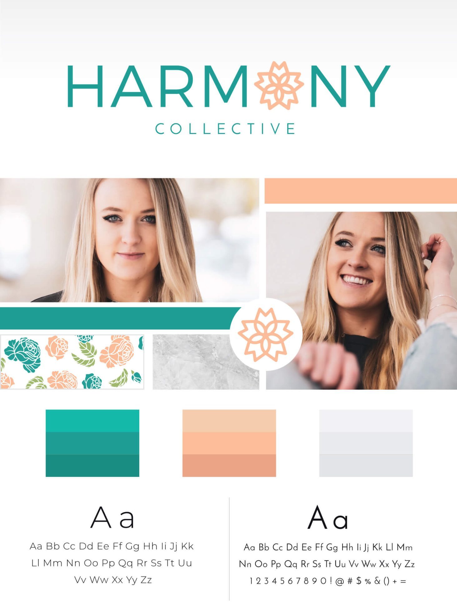 Branding board illustrating the photography inspiration, color palette and font options used to maintain brand cohesiveness.