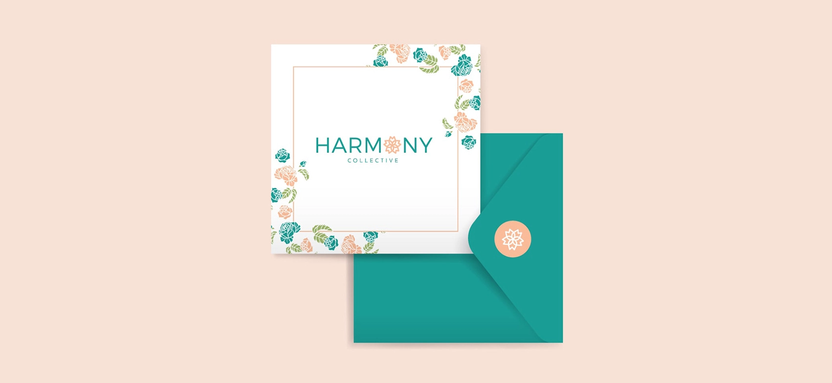 A card mockup with the logo in teal and peach colors to illustrate the timeless look and feel of the branding.