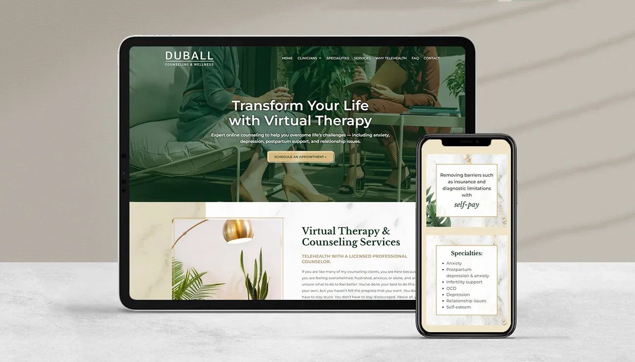 Different home page sections on a tablet and mobile phone illustrating website is responsive.