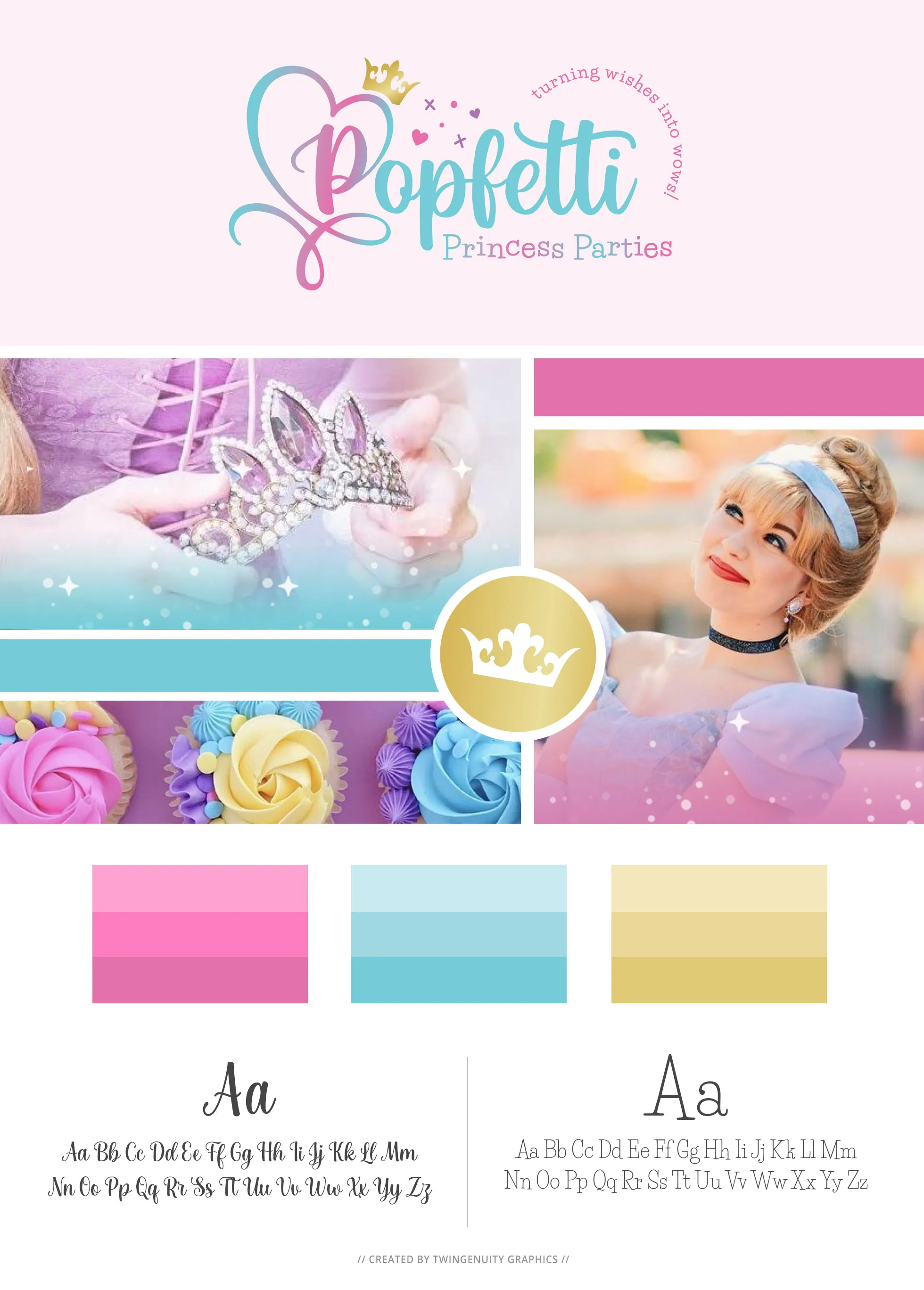 A branding board for Popfetti Princess Parties with logo design at top, photo inspiration, color palette and font options for the brand.