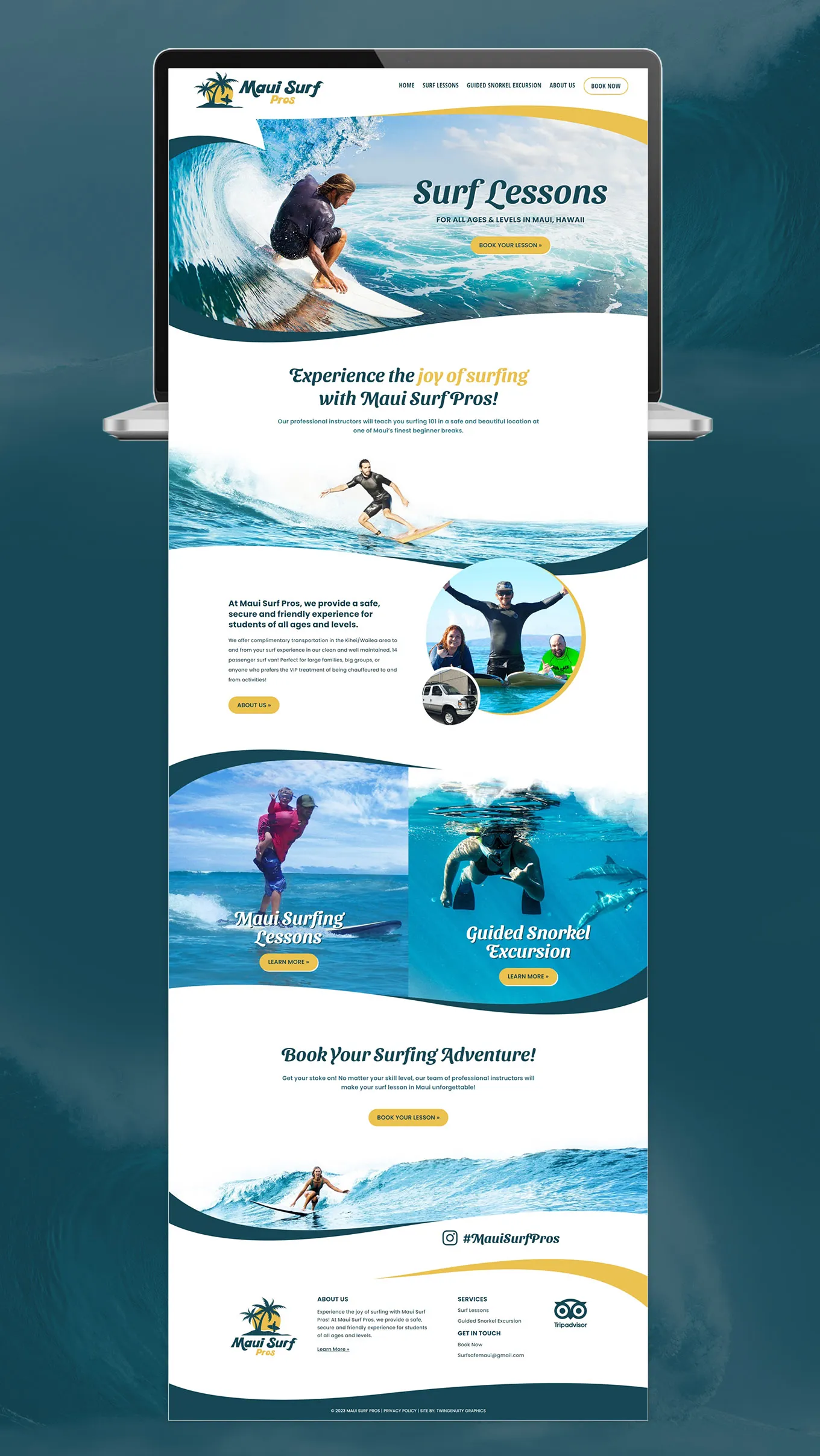 Full view of home page with wavy dividers highlighting the services with surfer photos.