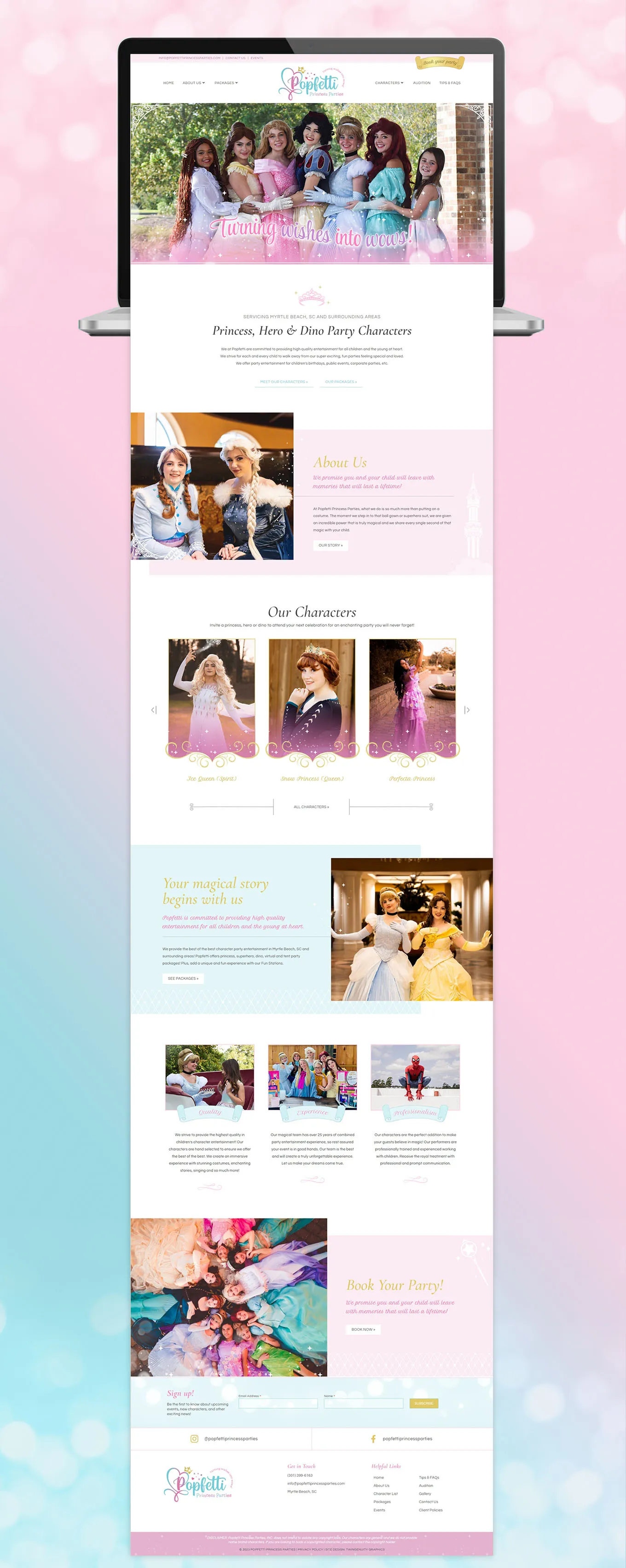 Home page layout featuring a whimsical, layout with photos of various princesses.