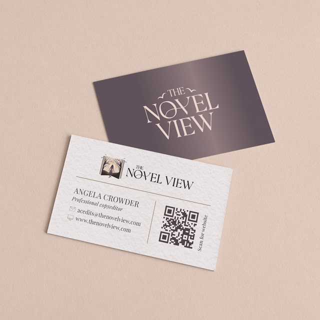 A dark, moody business card design (back and front) for a fiction copywriter with logo on one side and information and QR code on the flip side.