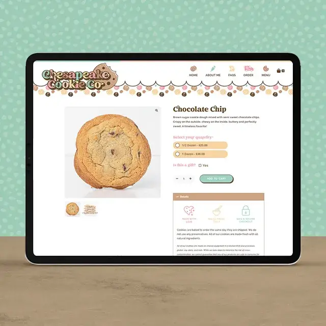 A chocolate chip cookie product page with options to customize order (such as selecting quantity) and add to cart button.
