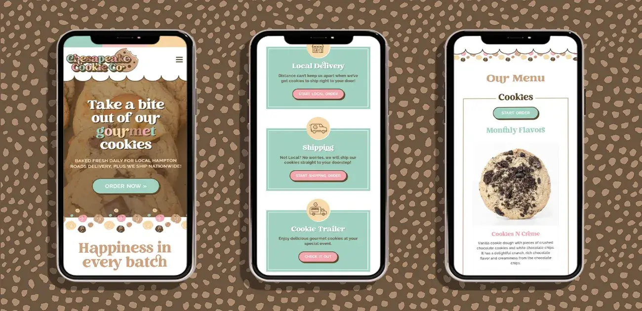Different areas of the website on mobile phones to illustrate website is responsive.