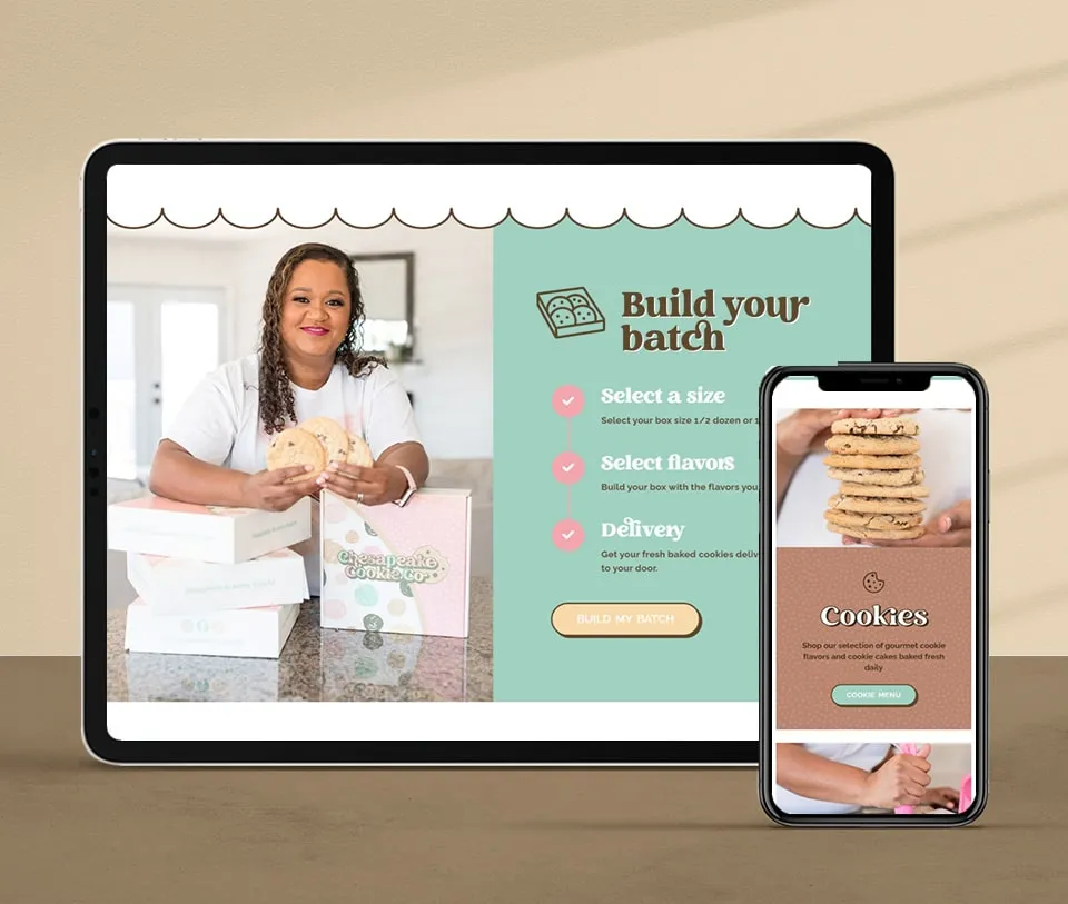 A tablet and smartphone displaying a fun layout for a cookie company, featuring the steps on how to build a custom batch.