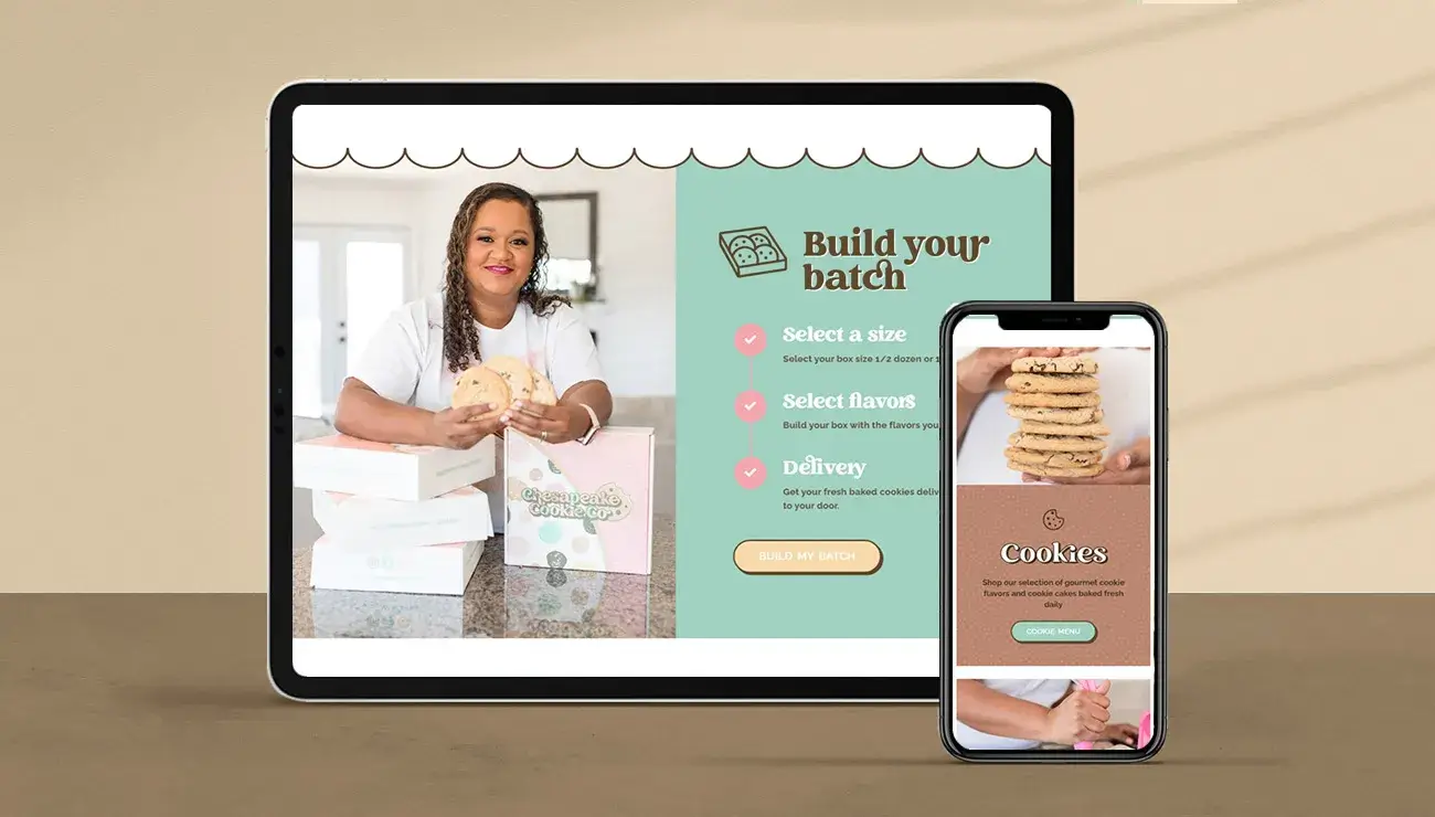 A build your own cookie batch section of website with steps to select a size, flavors and delivery option.
