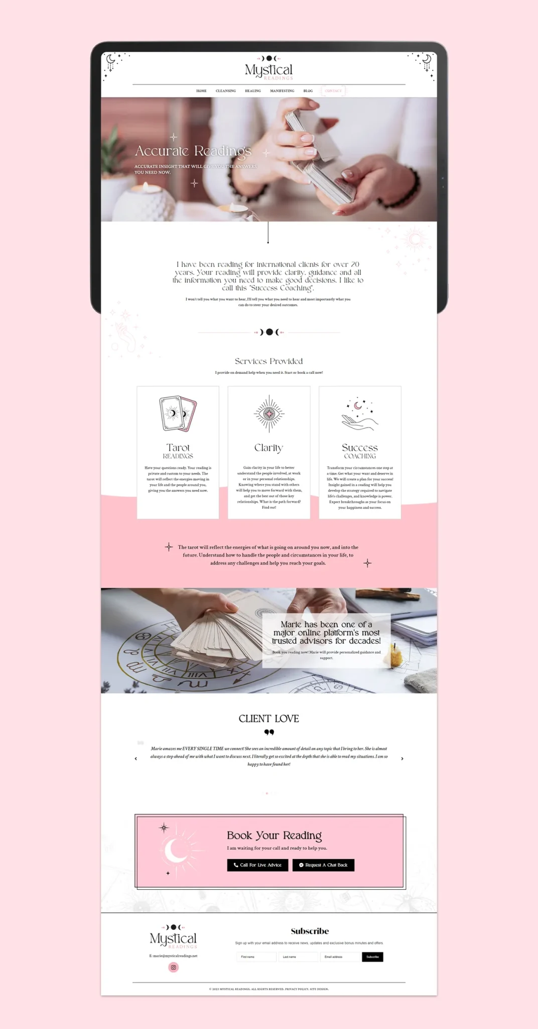 Full view of home page with celestial inspired icon designs and photos.