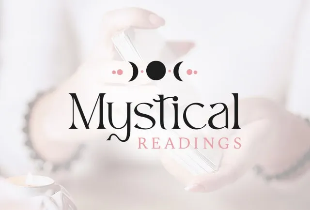 Logo design with word "Mystical" written in black, and "Readings" is in pink. Above are moon phase symbols.