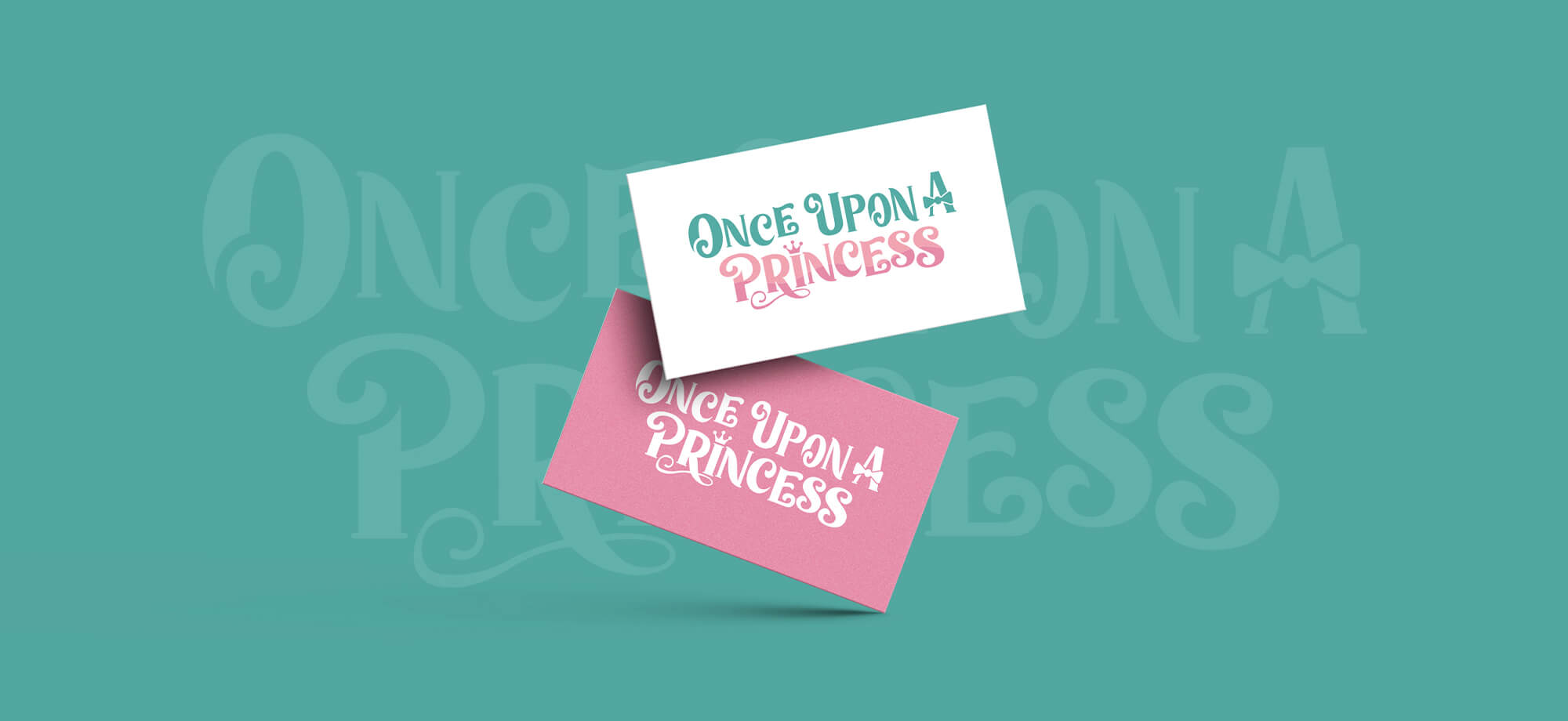 Whimsical logo design for princess party company on white and pink cards.