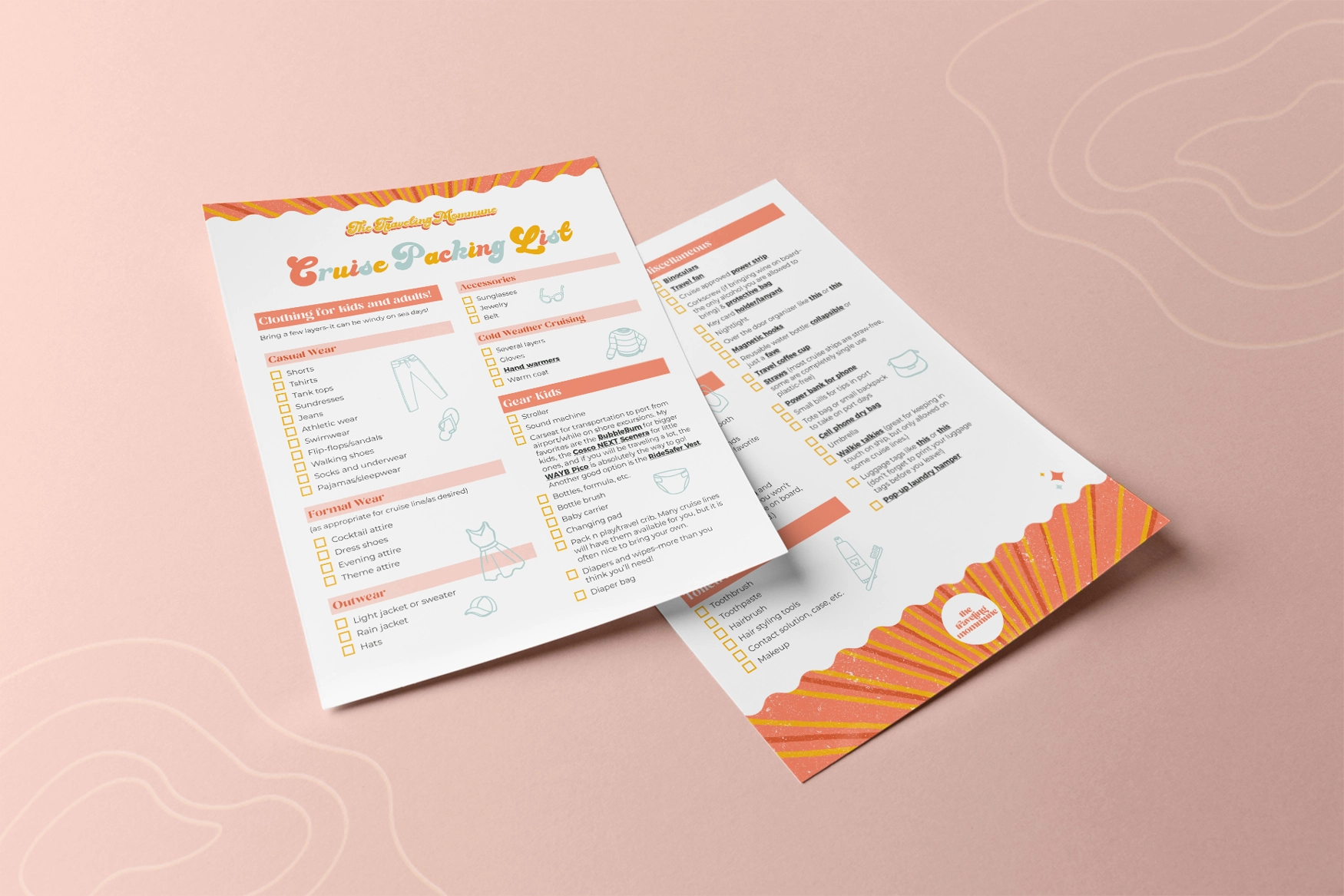 A checklist flyer for what to pack for going on a cruise, with bright warm colors and line icons for a fun, playful vibe.