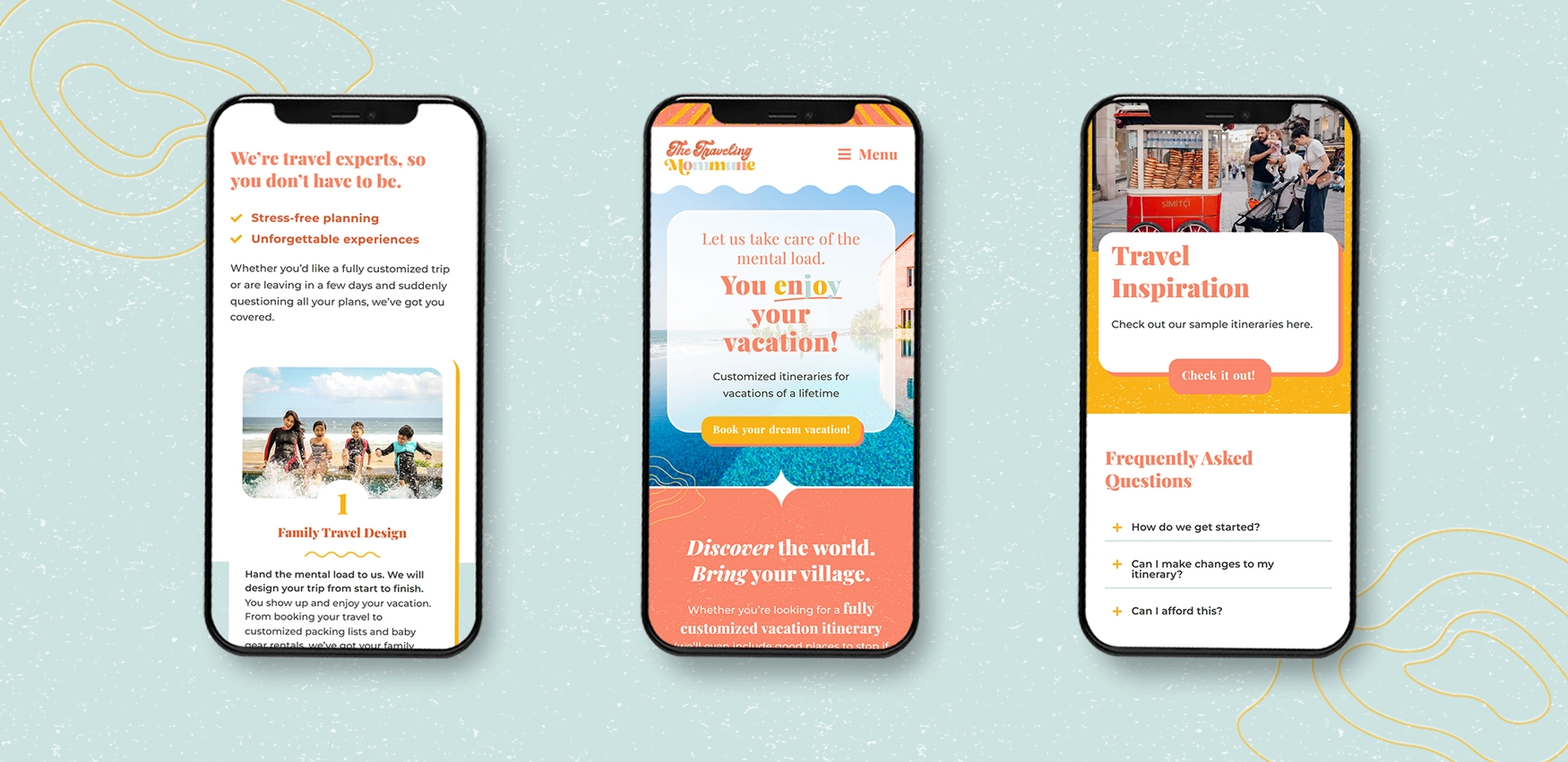 Three mobile views of the website on phones to show it's responsive and easy to use on smaller screen sizes.