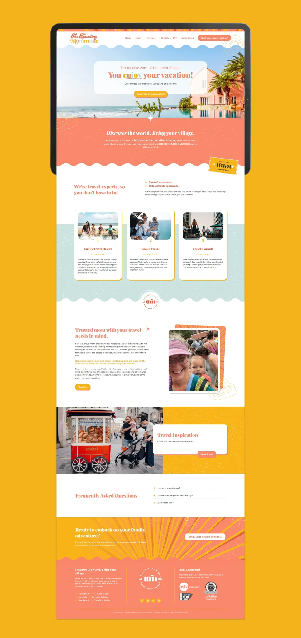 Full home page layout for The Traveling Mommune website featuring warm, beach colors and photos with sections for services, about Sara, travel inspiration and frequently asked questions.