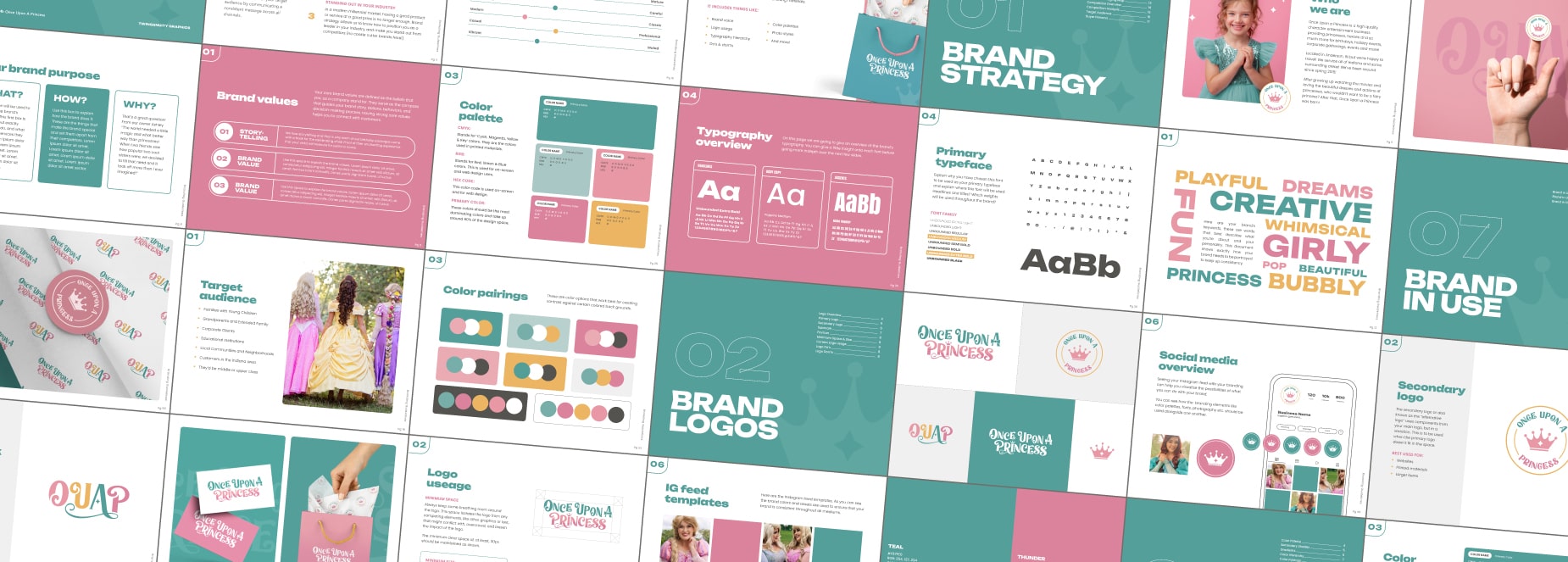 A collage of pages from a branding booklet for a princess party company highlight font, color and design choices.