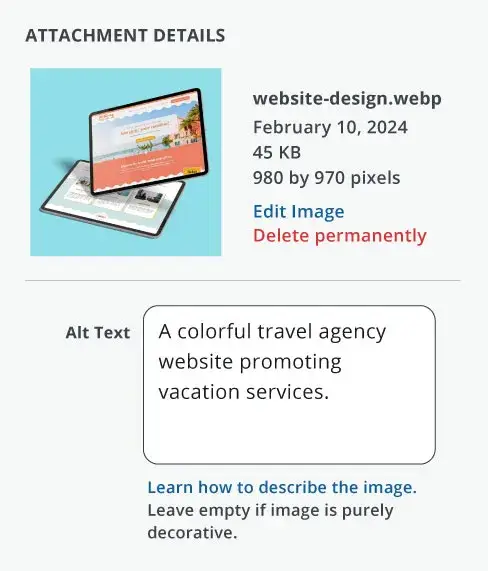 Screenshot of adding alt text to images in WordPress.