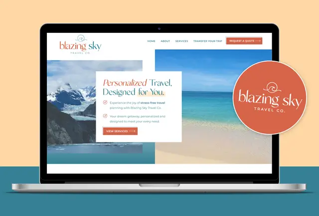 A coastal and adventurous website and logo for Blazing Sky Travel Company.
