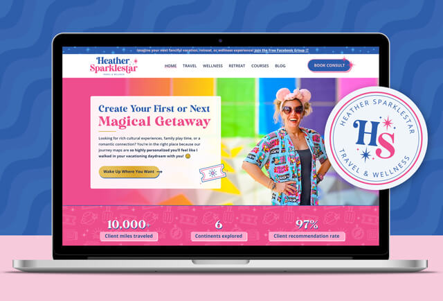 A colorful and adventurous website and branding for Heather Sparklestar, a travel advisor.