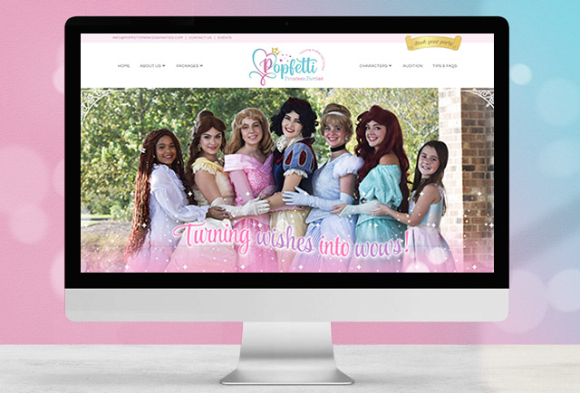 A whimsical website design featuring a cast of princesses with tagline "Turning wishes into wows!", featuring an enchanted feminine style.