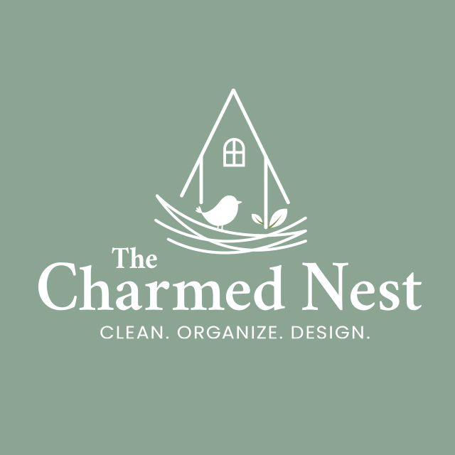 The Charmed Nest logo design on a green background.