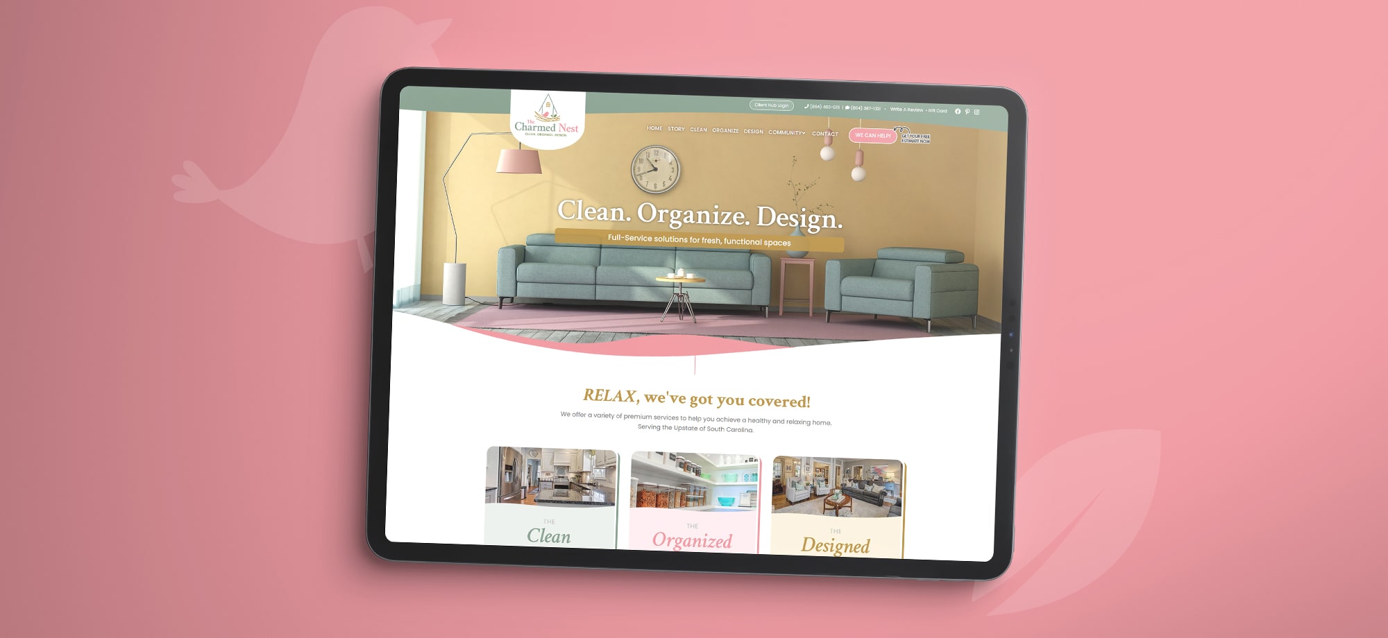 The tablet view of the website showing the hero banner with a headline: Clean, Design, Organize.