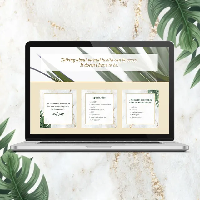 A section from the home page highlighting quote "Talking about mental health can be scary. It doesn't have to be" with 3 boxes underneath with self-pay options, list of specialties and areas of service with leafy elements.