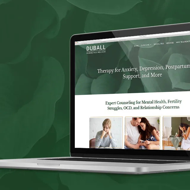 Specialties page highlighting common life issues such as anxiety, post partum depression and infertility issues each with a corresponding image and a large page title with a leaf background.