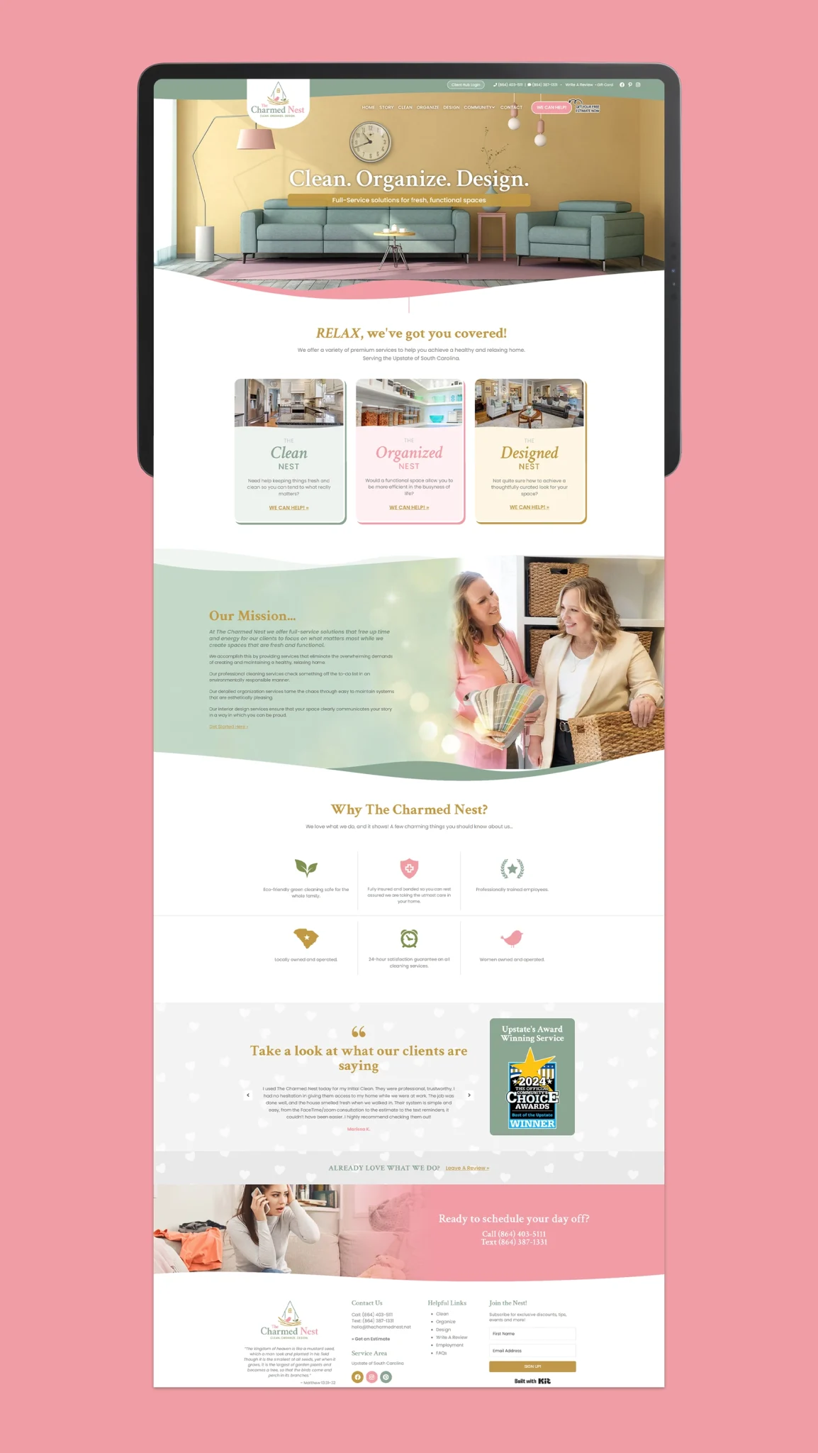 Full view of the home page design with hero banner, including a services, about, testimonial and call-to-action sections