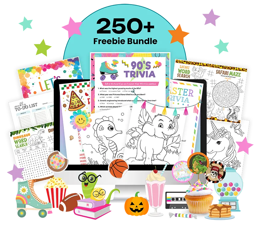 A bundle of 250 plus freebies including coloring sheets, activities, trivia, party decor and clipart graphics.