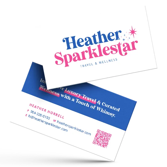 Business card for "Heather Sparklestar Travel and Wellness." The top card shows the logo, while the bottom card includes contact information, a QR code, and the text: "Innovative Luxury Travel and Curated Wellness with a Touch of Whimsy.
