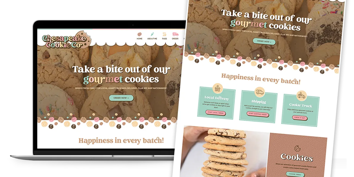 A laptop display of the Chesapeake Cookie Co. website features images of cookies, the slogan "Take a bite out of our gourmet cookies," and options for local delivery, shipping, and a cookie truck.