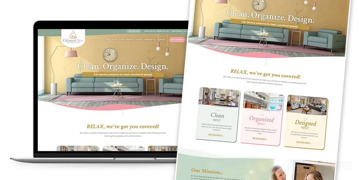 A website display featuring a clean and modern design. The site highlights a company offering cleaning, organizing, and design solutions. The theme emphasizes freshness and functionality, with photos of organized spaces.