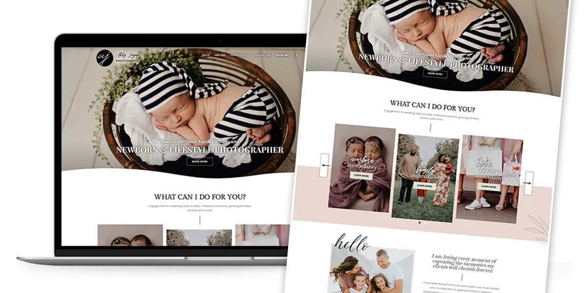 Website design featuring a newborn lifestyle photography theme. The homepage shows images of a sleeping baby in a basket wearing striped clothes and a carousel of the types of photos she takes.