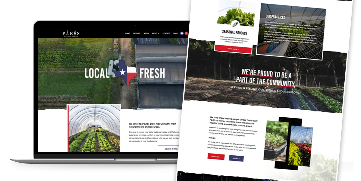 A laptop screen and a brochure feature images of greenhouses and fresh produce. The text highlights local and fresh products with a Texas theme, emphasizing community engagement and sustainable practices.