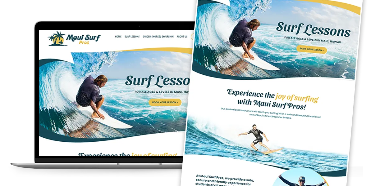 A website for Maui Surf Pros featuring a surfer riding a wave. Text highlights "Surf Lessons" and promotes surfing in Maui, Hawaii. Includes a "Book Your Session" button and images of surfers in action.