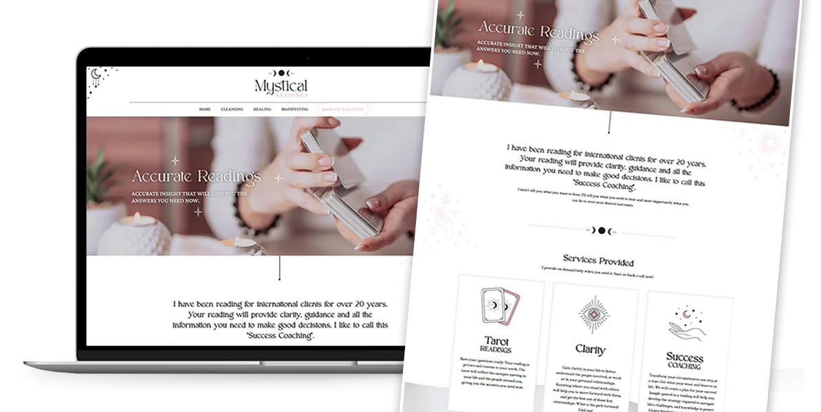A laptop displaying a mystical-themed website showing a woman's hands holding tarot cards. Text includes phrases like "Accurate Readings," "Success Coaching," and mentions of tarot and clarity services.