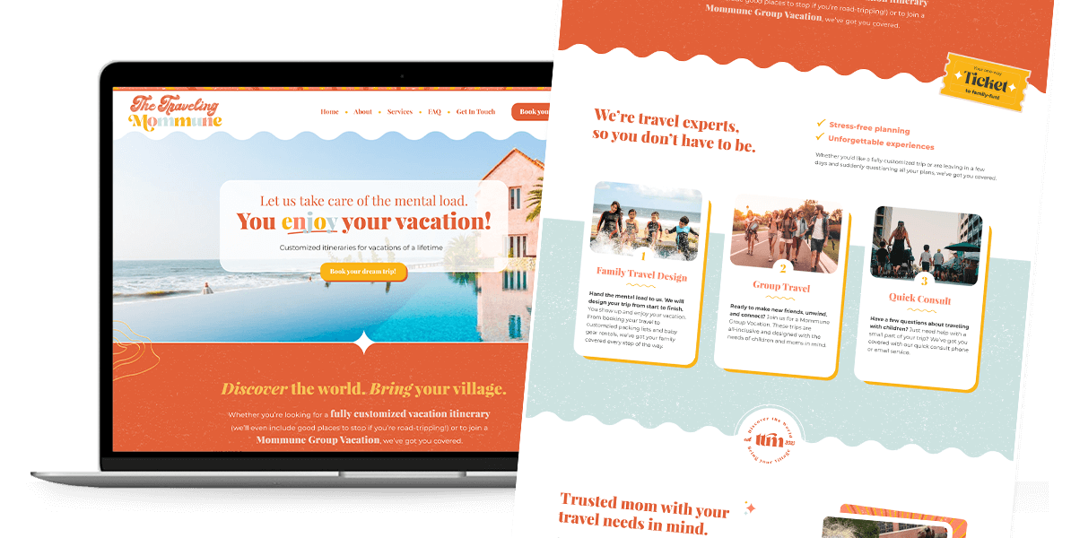 A laptop displaying a travel website with vibrant orange and calming blue accents. The main text reads "You enjoy your vacation!" with an idyllic poolside scene. The site offers travel planning services, showing people on vacations.