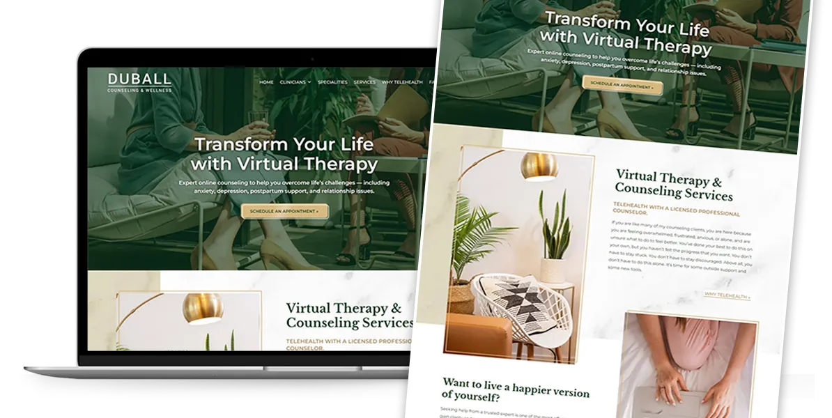 A soothing website design for website for Duball Counseling and Wellness, featuring virtual therapy services. The design includes green accents and images of people consulting and relaxing. Text encourages personal transformation and self-care.