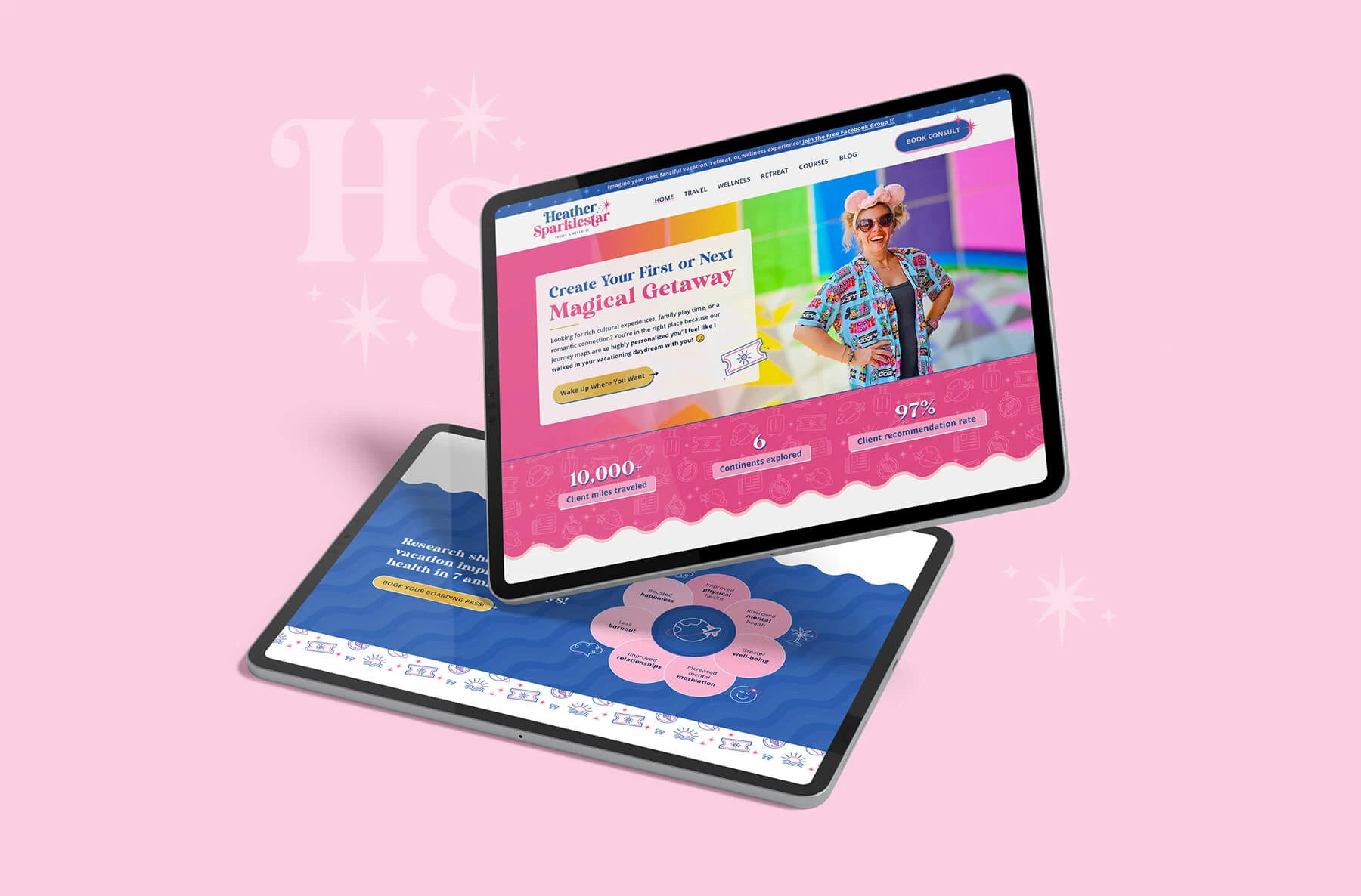 Two tablets displaying a colorful travel website with a pink background. The screens show different pages: one with a woman in sunglasses and a blurb of text, and another with charts and text.