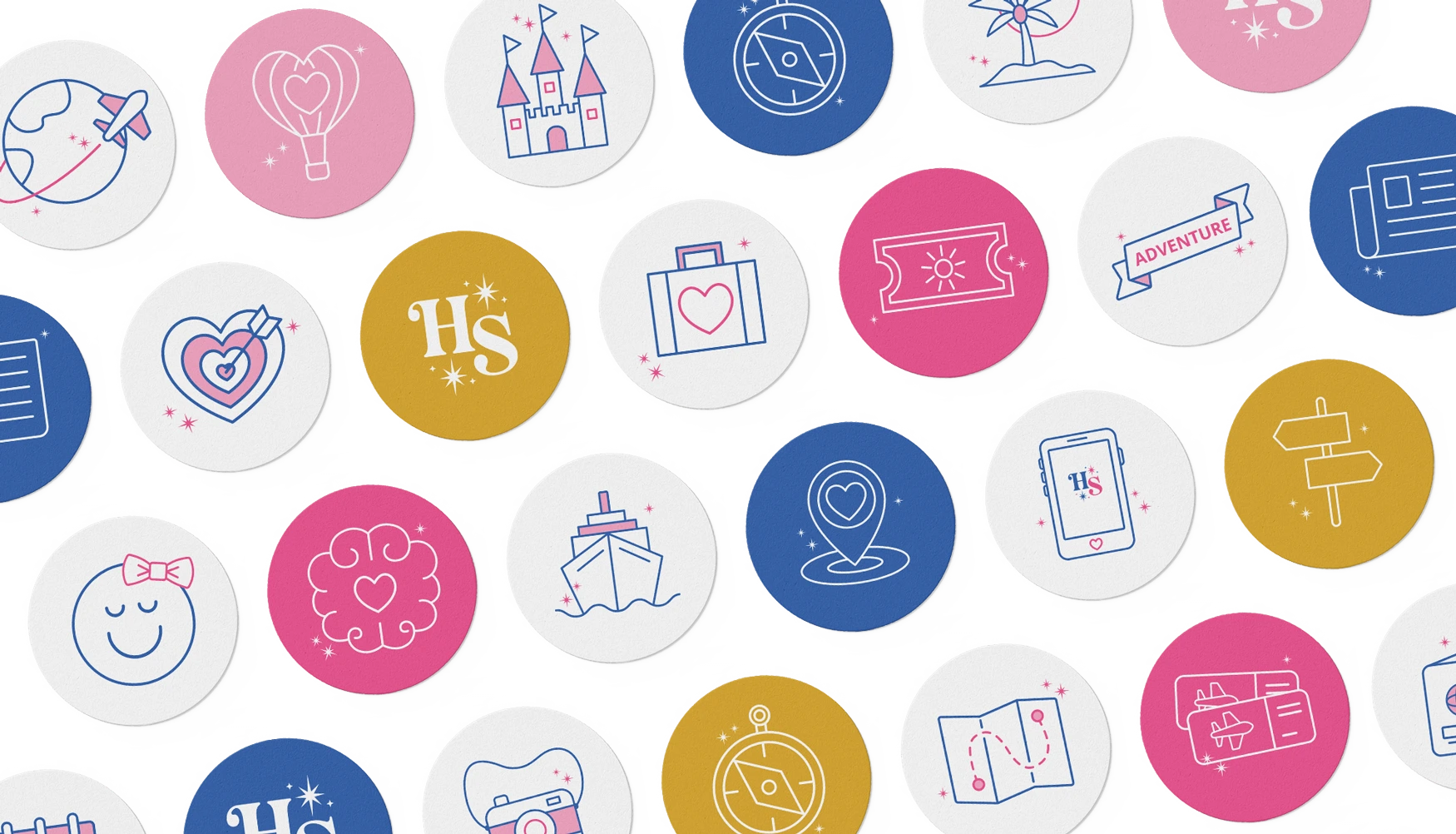 Round stickers with various icons, including a suitcase, heart, compass, castle, and mobile phone. Colors include blue, pink, and yellow. Some have text like "Adventure" and "HS." The icons symbolize travel, love, and exploration themes.