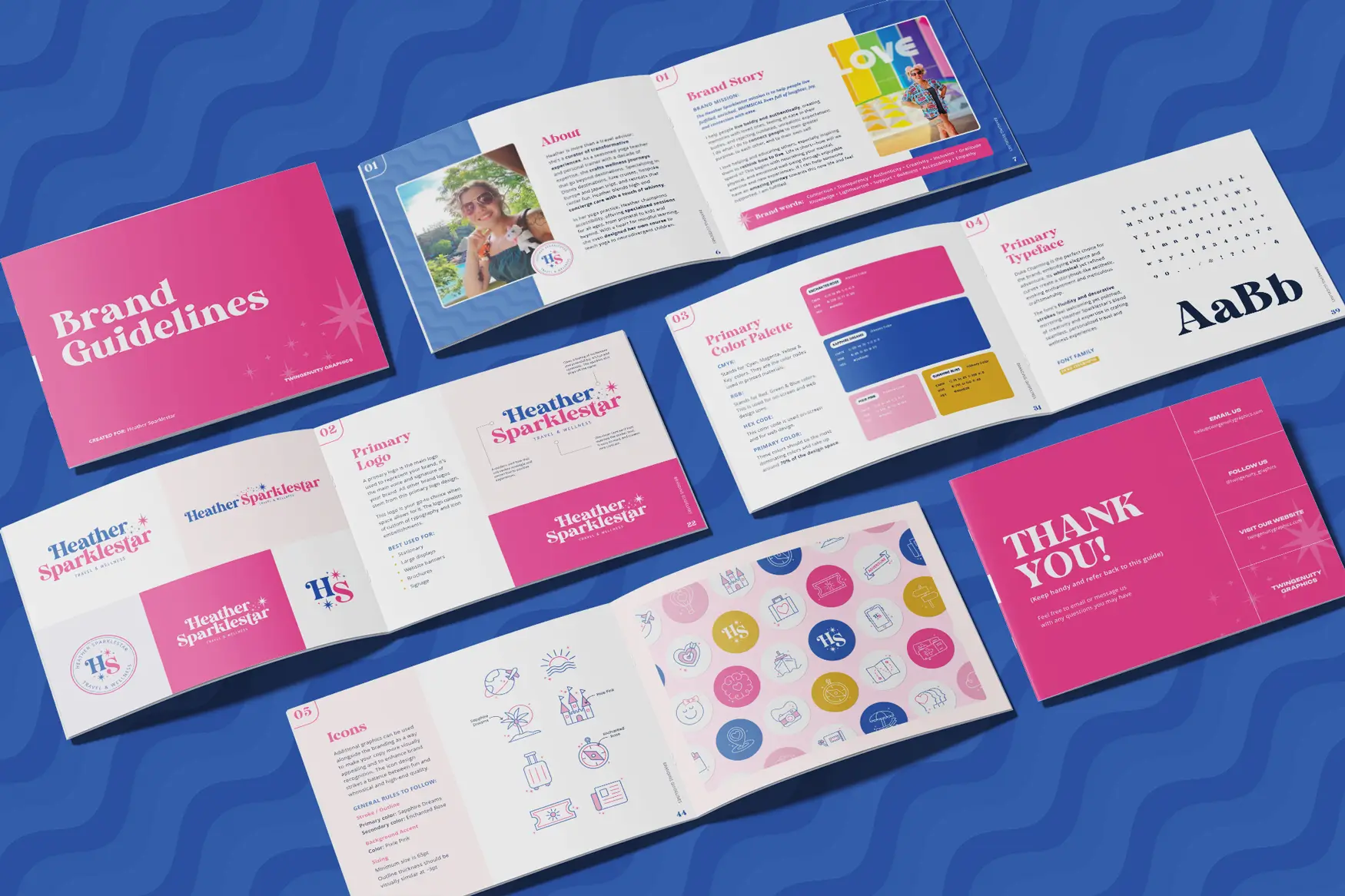 A mockup of eight open pages of a brand guidelines booklet are displayed on a blue wavy background.