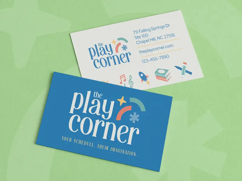 Custom business card, front and back sides, for a daycare center featuring whimsical typography, a soft yet colorful blue, yellow, red, and green color palette, and playful educational illustrations.