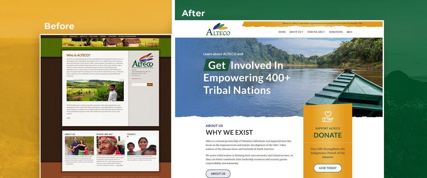 The before and after of the website redesign project showcasing the improvement in design and branding of the new website.