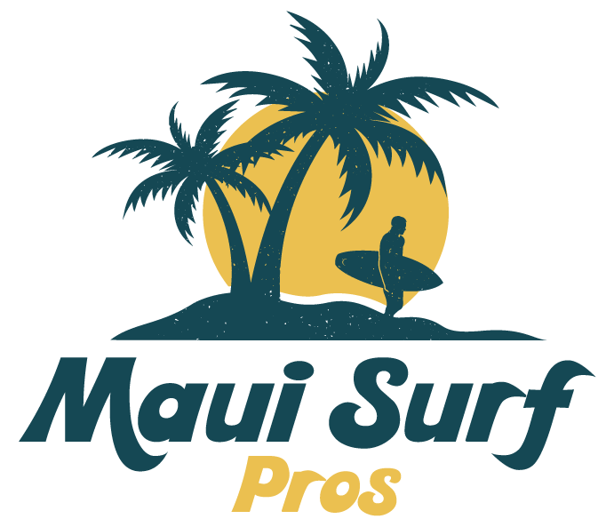 Maui Surf Pros silhouette logo with palm trees, surfer, and the sun.