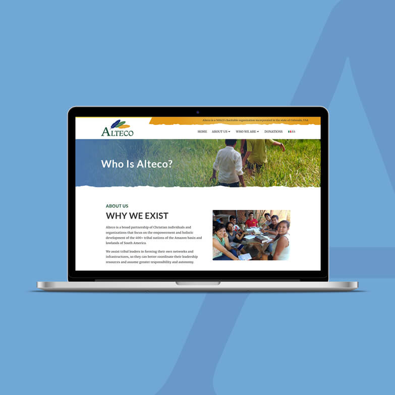Laptop displaying the about page of the Alteco website.