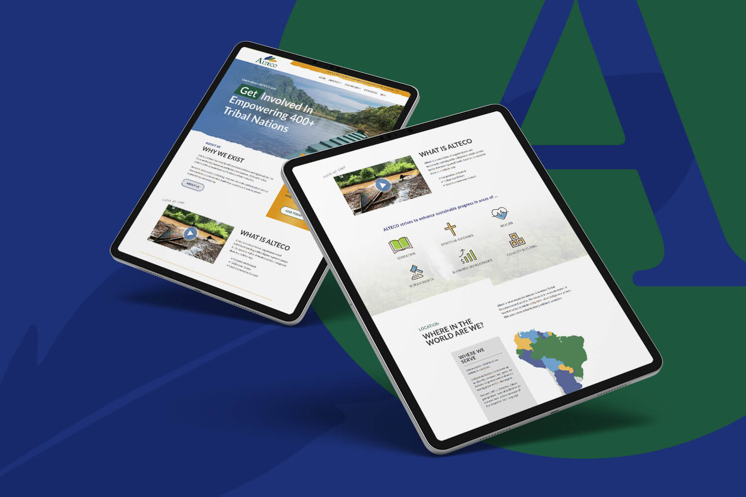 Two tablets display the Alteco home page sections. The screen on the left shows "Get Involved In Empowering 400+ Tribal Nations," while the right screen details "What Is ALTECO" and its areas of focus.