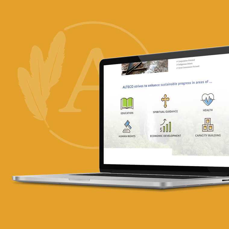 Laptop displaying ALTECO's focus on sustainable progress: education, spiritual guidance, health, human rights, economic development, and capacity building.