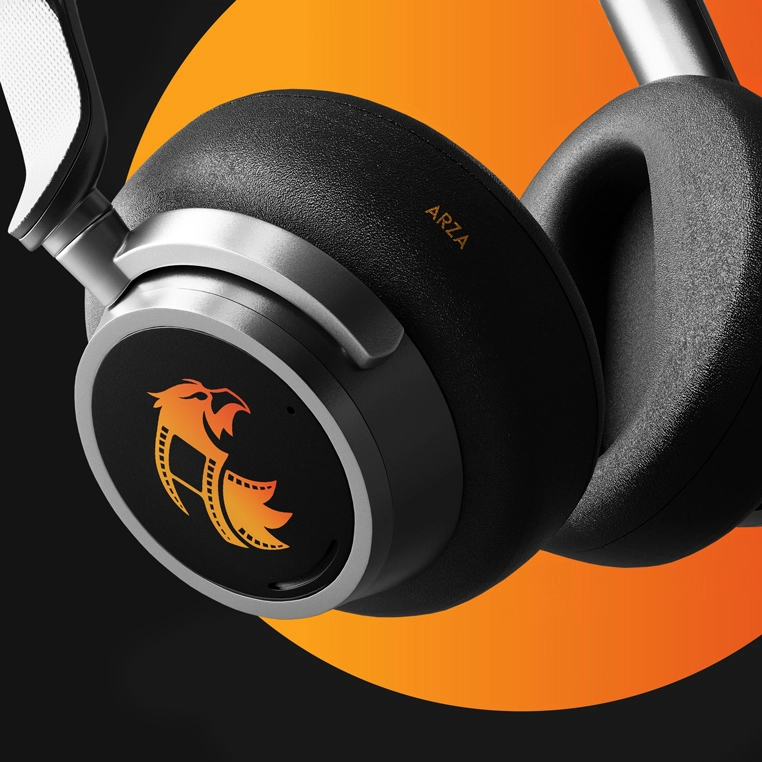 The Arza phoenix logo mark on a pair of headphones.