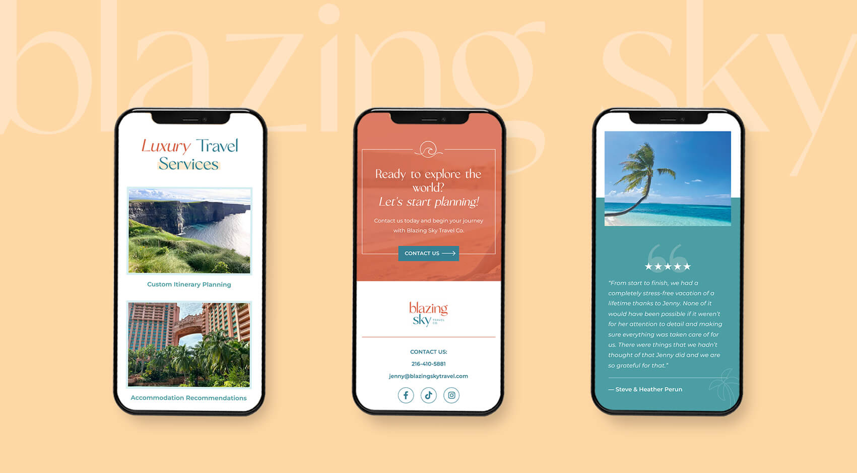 Three mobile views of the website on phones to show it's responsive and easy to use on smaller screen sizes.