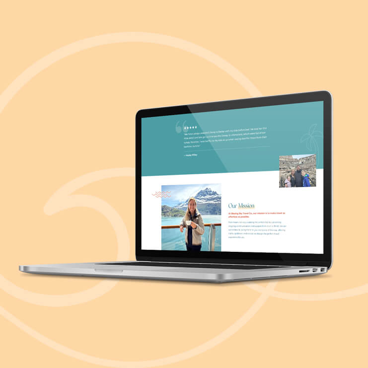 An angled laptop displaying the testimonial and mission section.