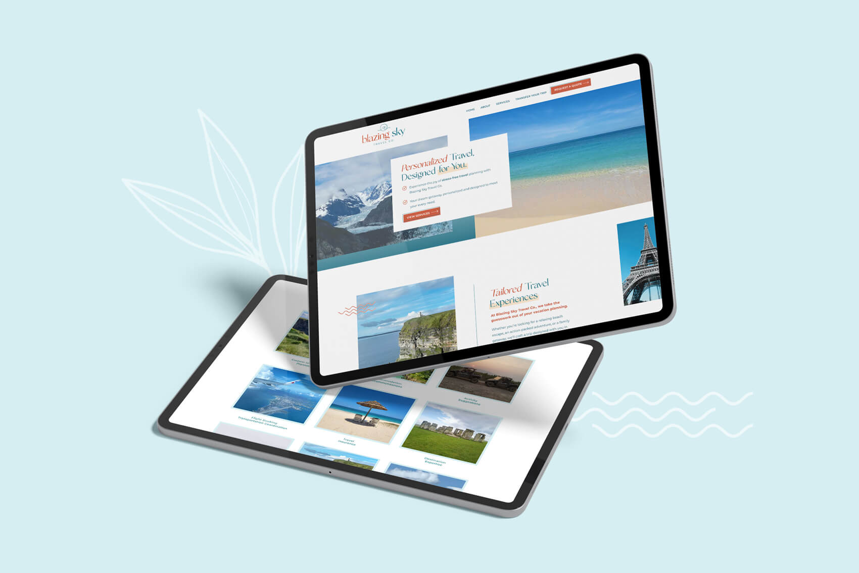 Two tablets displaying a coastal travel website with a sky blue background. The screens show different pages: the home page and the other a grid of services.